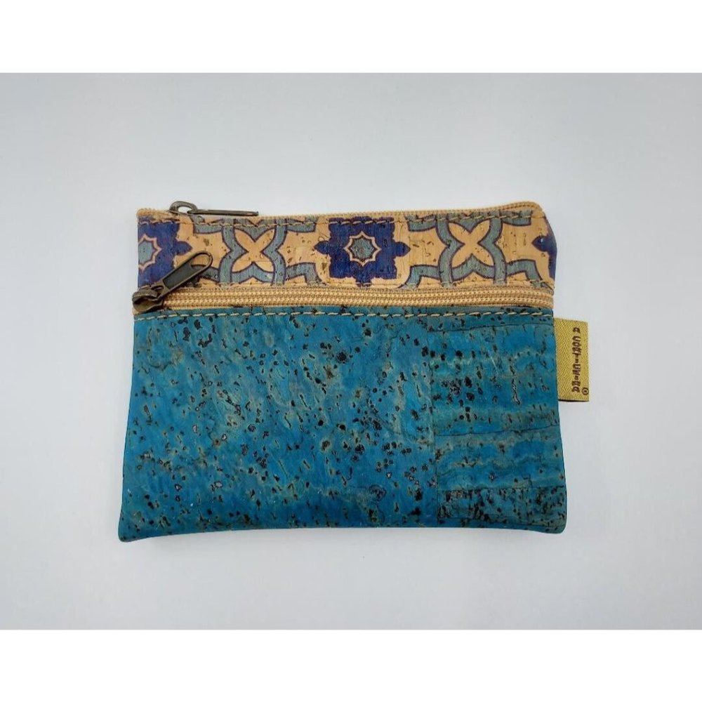 A Corticeira Portugal Cork Aqua Blue Beige Double Zip Wallet Coin Pouch Purse
